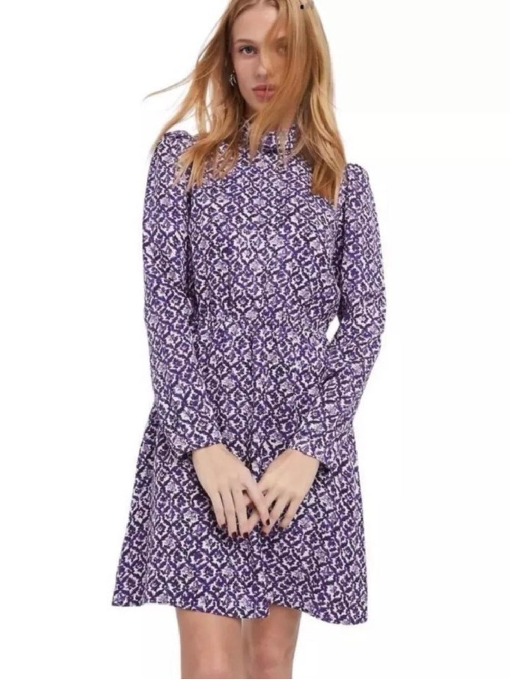 Purple Patterned Long-Sleeve High Neck Mini Dress